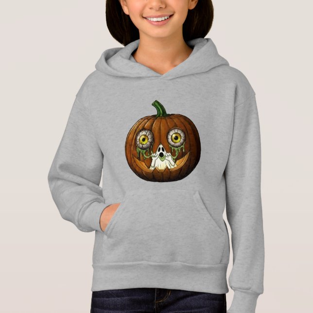 Ghoulish Ghost Dripping Eyeballs Jack-O-Lantern Hoodie (Front)
