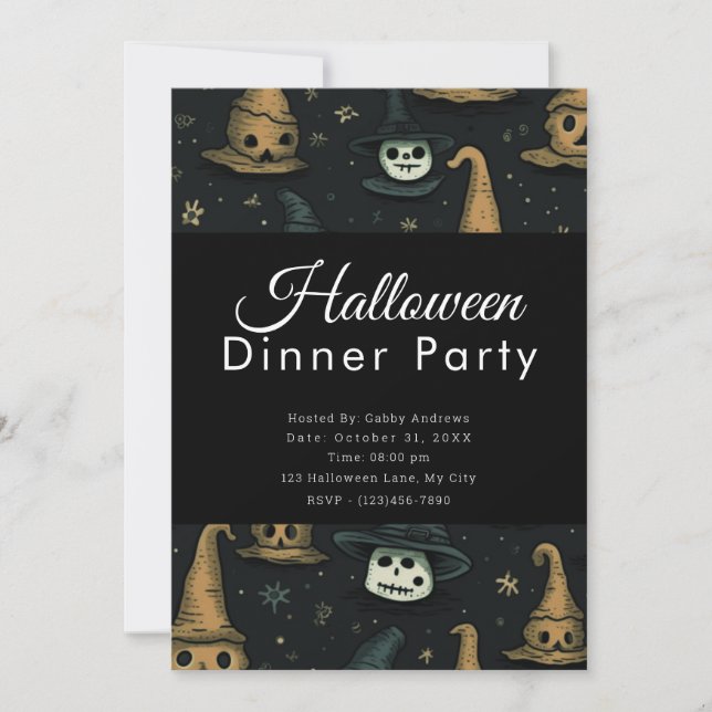 Ghouls and Monsters Black Halloween Dinner Party Invitation (Front)