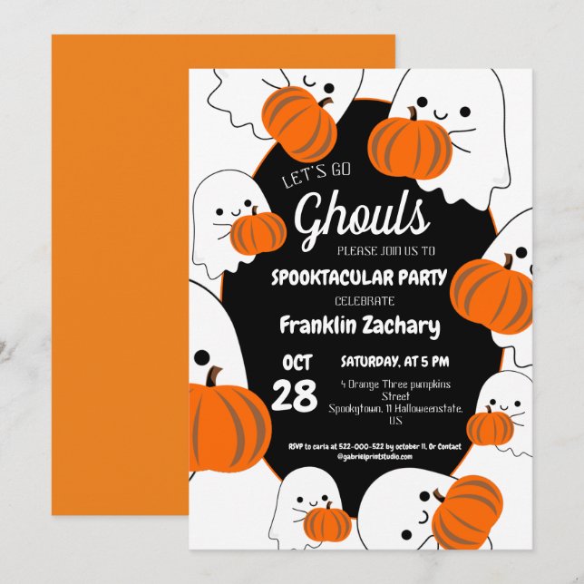 Ghouls Cute Ghost & Pumpkin Halloween Party Invitation (Front/Back)