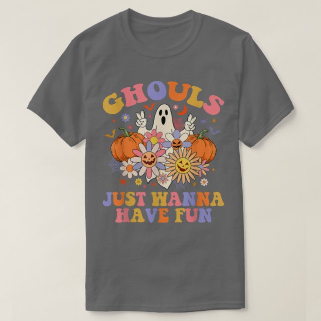 Ghouls Have Fun Floral Ghost Boo Pumpkin Groovy Ha T-Shirt (Design Front)