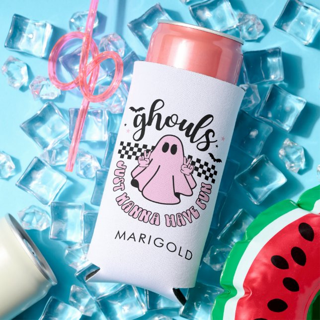 Ghouls Just Wanna Have Fun Pink Ghost Halloween Seltzer Can Cooler (In Situ Summer)