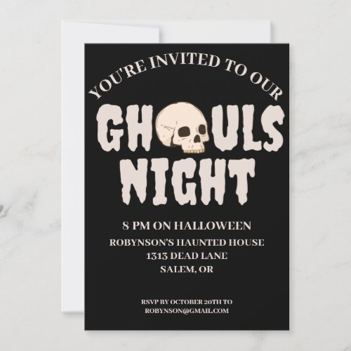 Ghouls Night Black  White Halloween Costume Party Invitation