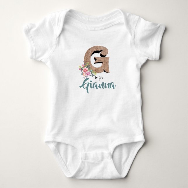 Gianna Name Reveal Wood Letter Floral Girl Romper (Front)