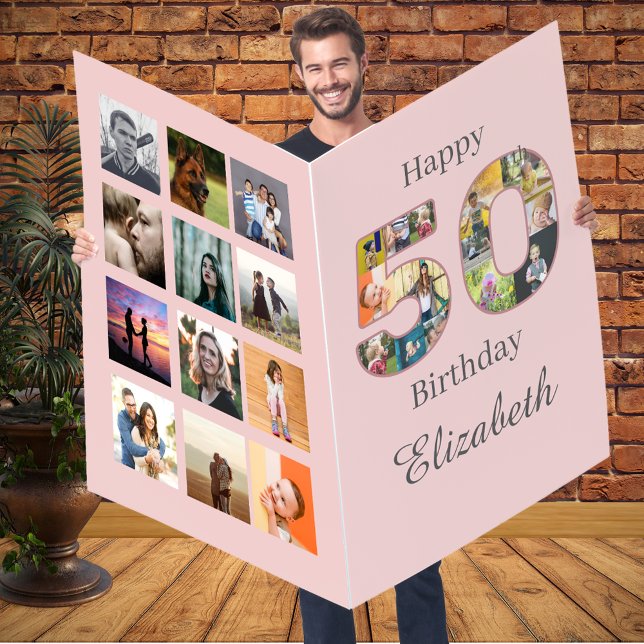 Giant 50th Birthday Create Your Own Multi Photo Card (Blush dusty pink 50th birthday giant greeting card with photo collage template.)