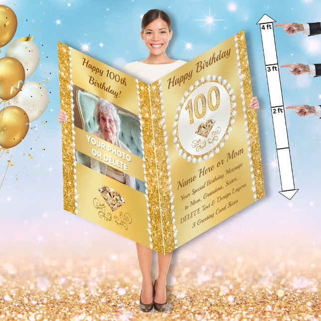 GIANT, Birthday Cards for 100th Birthday (Mum 100th birthday card. Giant happy birthday card with Photo or delete it. 100th birthday party.)