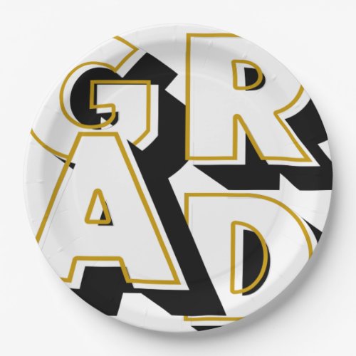 GIANT BLACK WHITE GOLD GRAD  PAPER PLATES