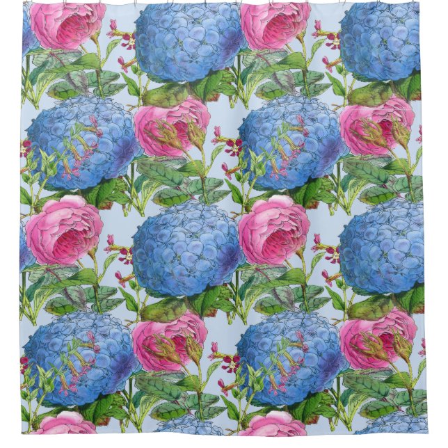 Giant Blue Hydrangeas and Rose Pattern Shower Curtain (Front)