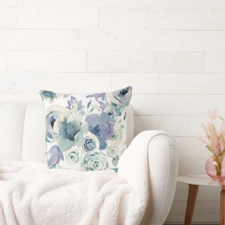 Giant Blue Teal Roses Watercolor  Throw Pillow