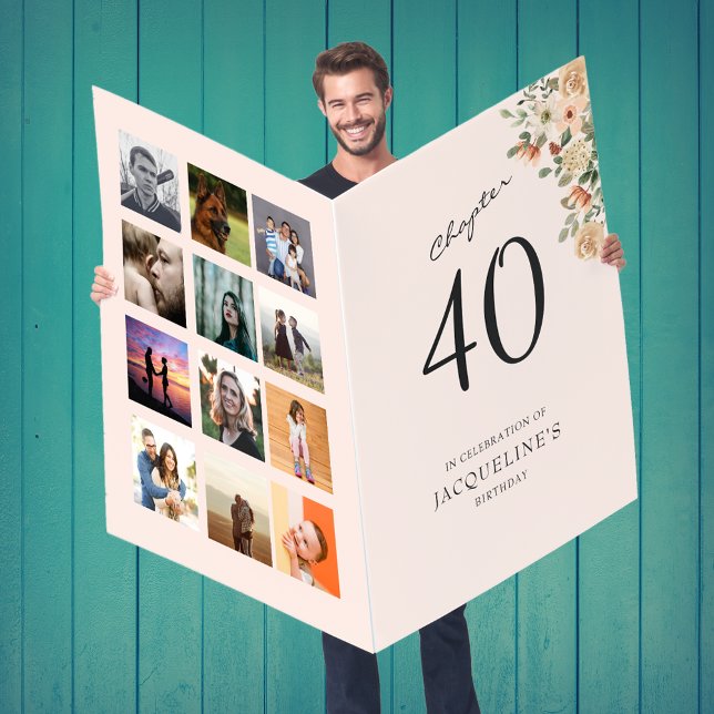 Giant Blush Pink 40th Birthday Floral Photo Card (Giant 40th birthday floral card with photo template collage.)
