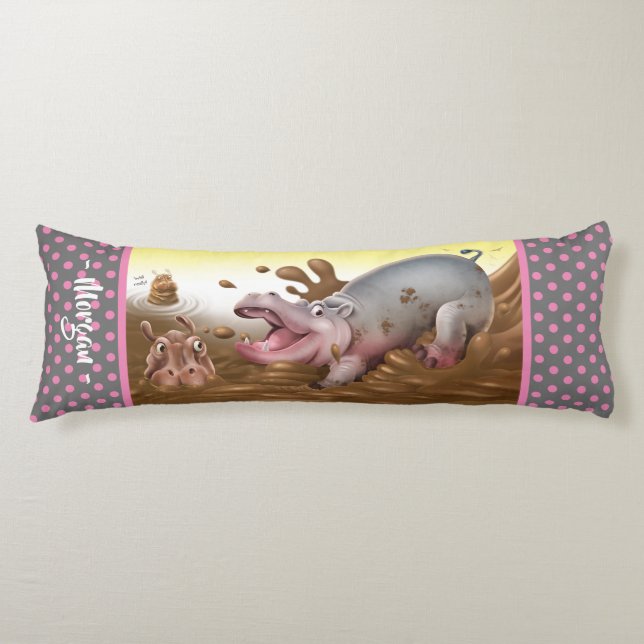 Giant body cushion Hippos in mud pink gray. (Front)