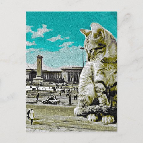 Giant Cat Sitting In The Square Surreal Collage Postcard