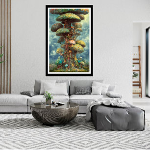 giant colorful mushroom tree house surreal poster
