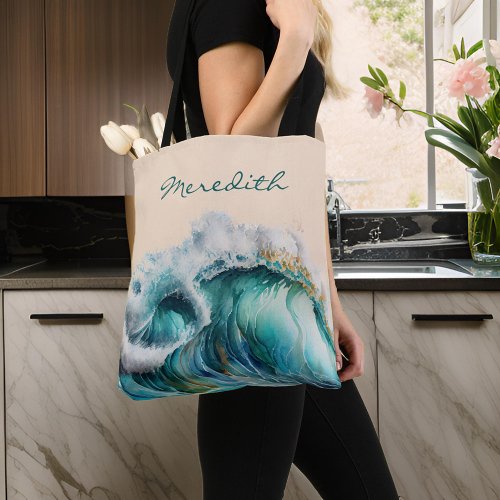 Giant Cresting Blue Green Ocean Wave with Monogram Tote Bag