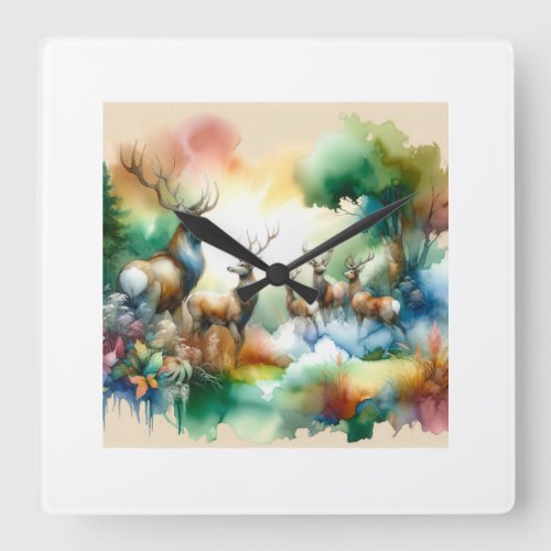 Giant Deer in Harmony 060624AREF124 _ Watercolor Square Wall Clock