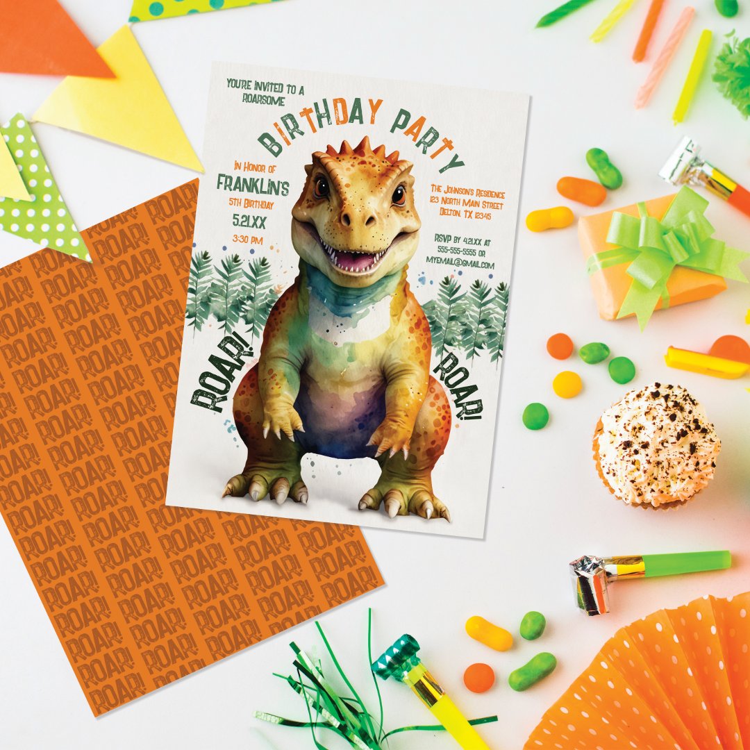 Giant Dinosaur Watercolor Boy&#39;s Birthday                    Party Invitation