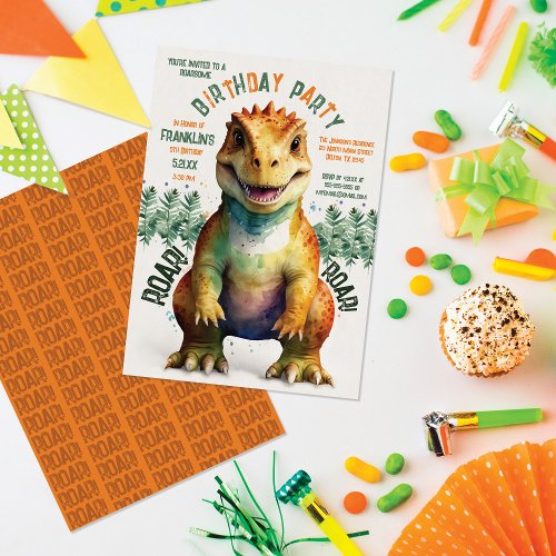 Giant Dinosaur Watercolor Boys Birthday Party Invitation