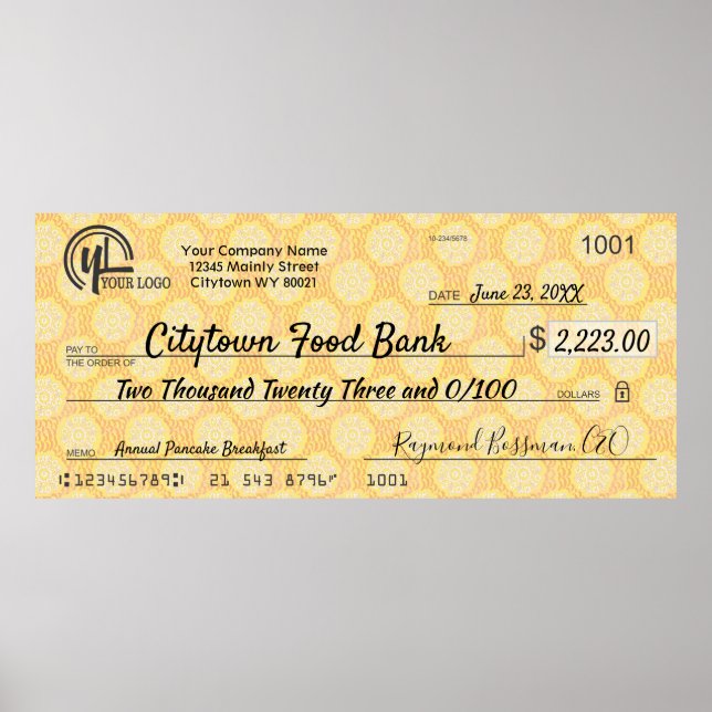 Giant faux presentation check charity bonus prize poster (Front)