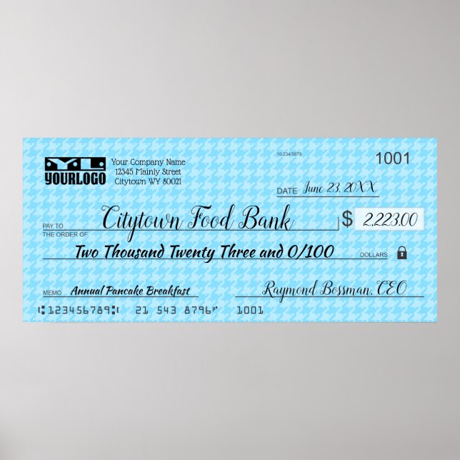 Giant faux presentation check charity bonus prize poster (Front)