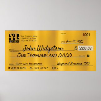 Giant faux presentation check charity bonus prize poster