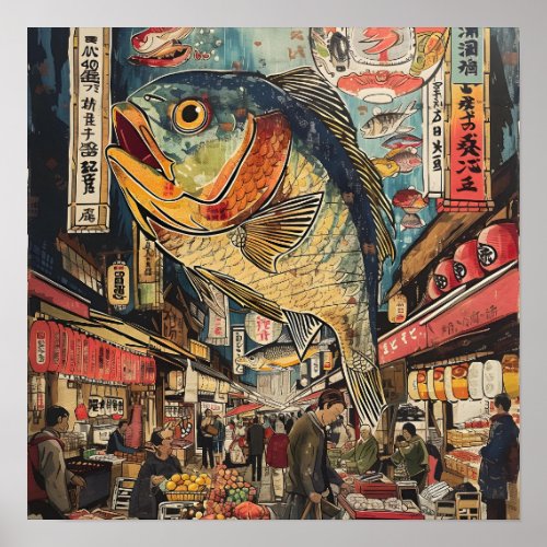 Giant Floating Fish In Fish Market Poster