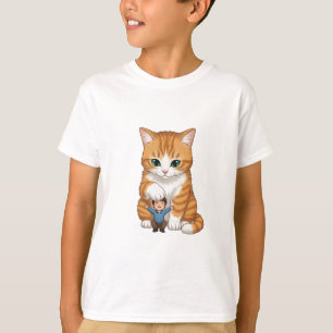 Giant Ginger Tabby Cat and Little Boy Kids T-Shirt