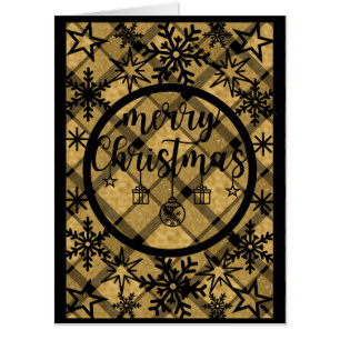 Giant Gold and Black Plaid Behind Black Christmas Card