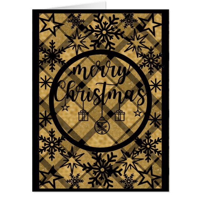 Giant Gold and Black Plaid Behind Black Christmas  Card (Front)