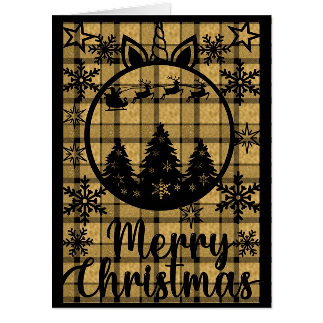 Giant Gold and Black Plaid Behind Black Christmas  Card (Front)