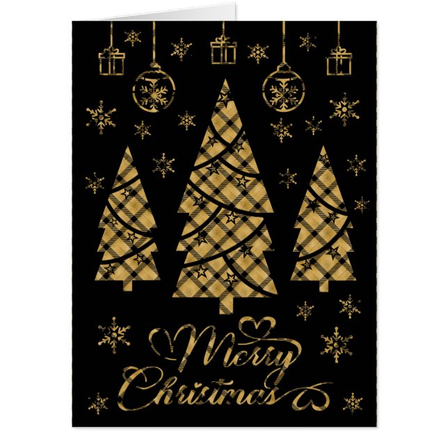 Giant Gold and Black Plaid Behind Black Christmas  Card (Front)