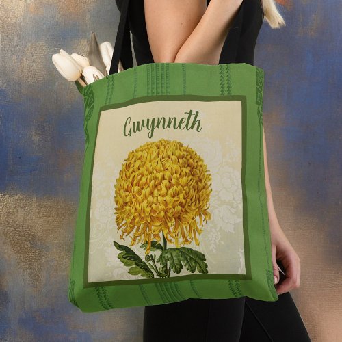 Giant Gold Chrysanthemum with Green Vintage Damask Tote Bag