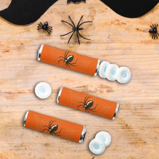 Giant Halloween Spider in its Web orange bg