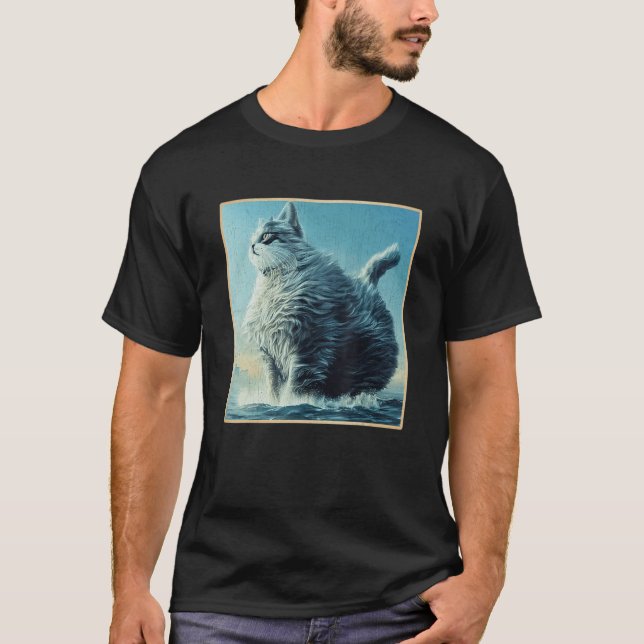 Giant House Cat Rising From The Sea Fantasy Coloss T-Shirt (Front)