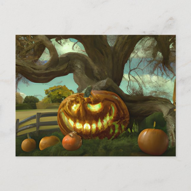 Giant Jack-O' Lantern Mangled Tree Halloween Holiday Postcard (Front)