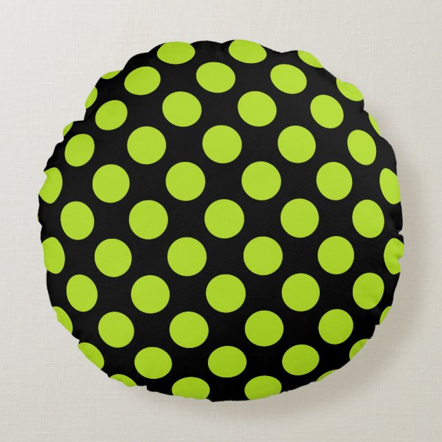 Giant Lime Green Polka Dots on Black Round Pillow (Front)