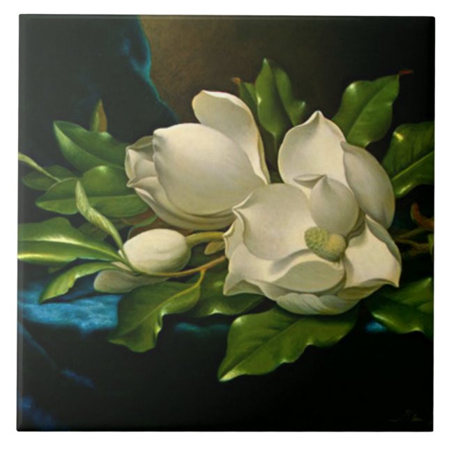 Giant Magnolia on a Blue Velvet Cloth Ceramic Tile (Front)