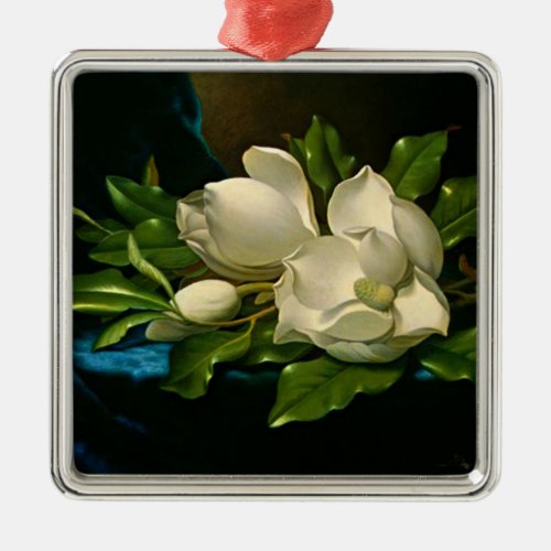 Giant Magnolia on a Blue Velvet Cloth Metal Ornament