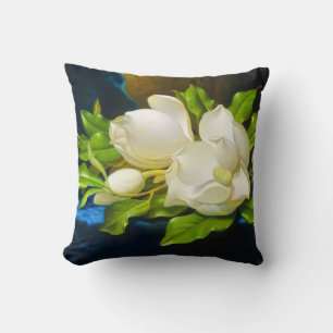 Giant Magnolias on a Blue Velvet Canvas Throw Pillow
