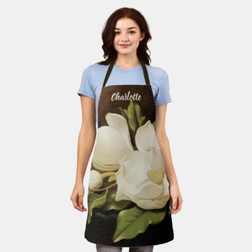 Giant Magnolias on a Blue Velvet Cloth by MJ Heade Apron