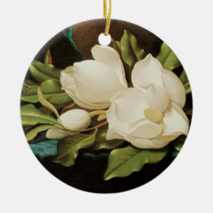 Giant Magnolias on a Blue Velvet Cloth by MJ Heade Ceramic Ornament