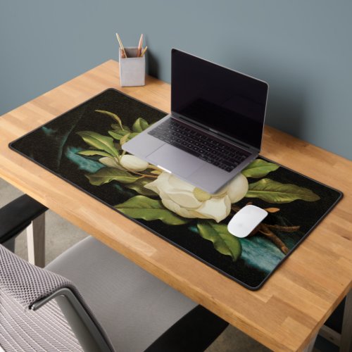 Giant Magnolias on a Blue Velvet Cloth by MJ Heade Desk Mat