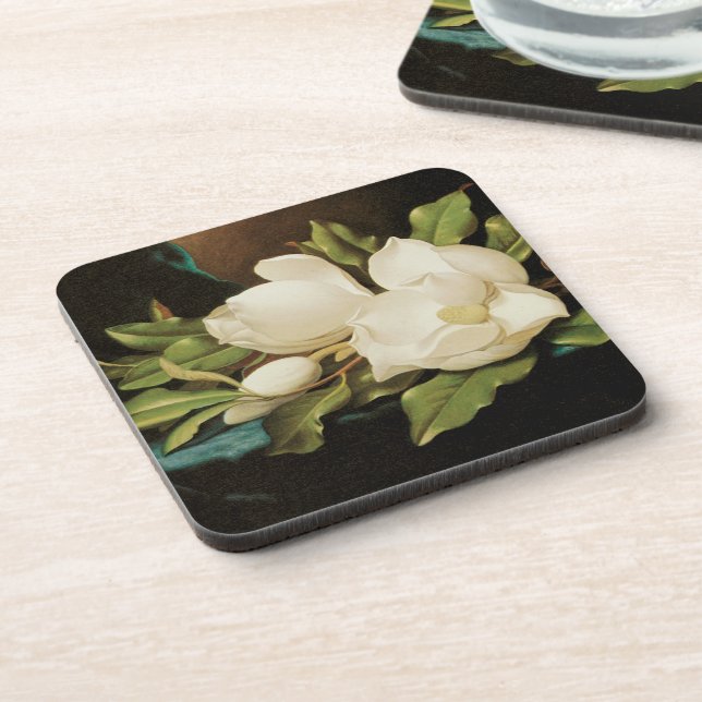Giant Magnolias on a Blue Velvet Cloth by MJ Heade Drink Coaster (Left Side)