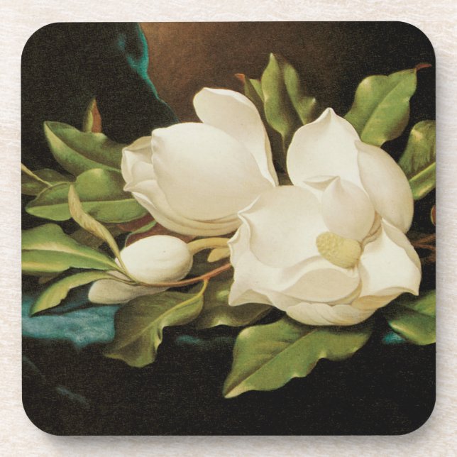 Giant Magnolias on a Blue Velvet Cloth by MJ Heade Drink Coaster (Front)