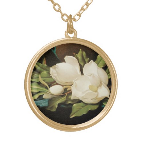 Giant Magnolias on a Blue Velvet Cloth by MJ Heade Gold Plated Necklace