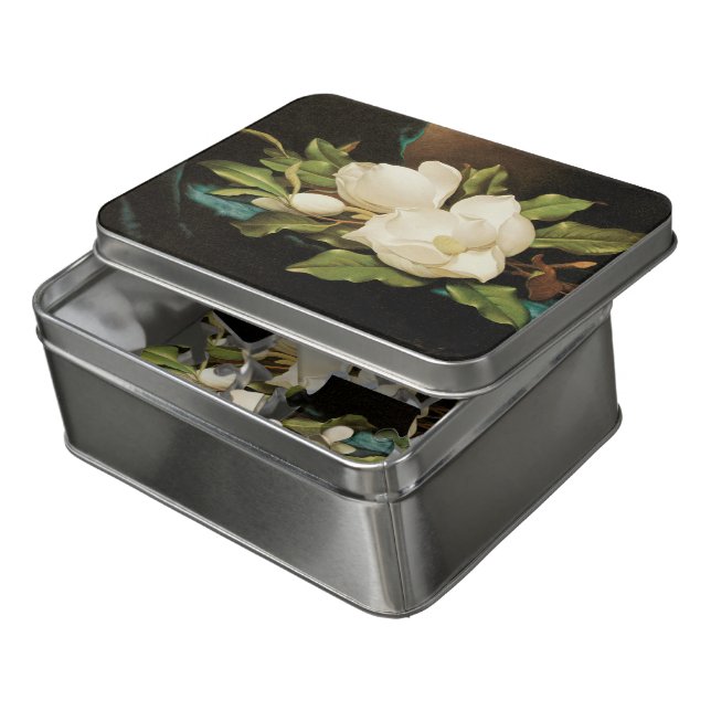 Giant Magnolias on a Blue Velvet Cloth by MJ Heade Jigsaw Puzzle (Lid Open)