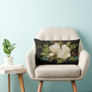 Giant Magnolias on a Blue Velvet Cloth by MJ Heade Lumbar Pillow
