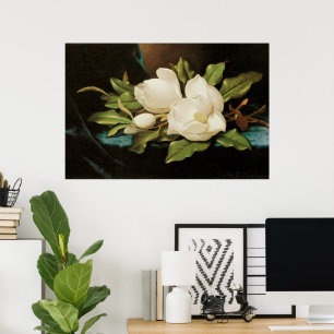 Giant Magnolias on a Blue Velvet Cloth by MJ Heade Poster