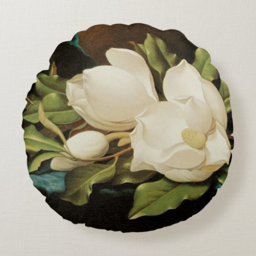 Giant Magnolias on a Blue Velvet Cloth by MJ Heade Round Pillow