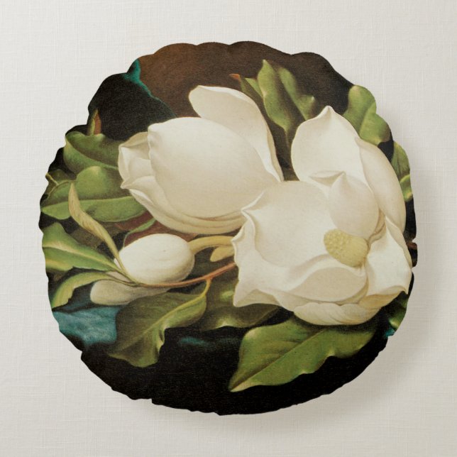 Giant Magnolias on a Blue Velvet Cloth by MJ Heade Round Pillow (Front)