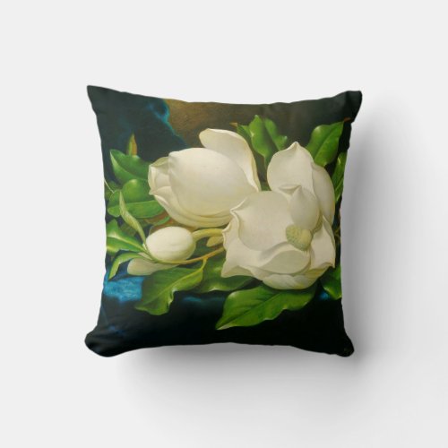 Giant Magnolias on a Blue Velvet Cloth Heade Throw Pillow