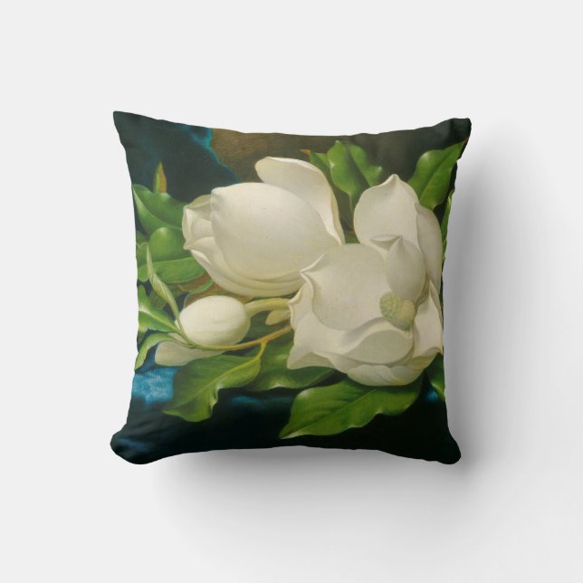 Giant Magnolias on a Blue Velvet Cloth Throw Pillow (Front)